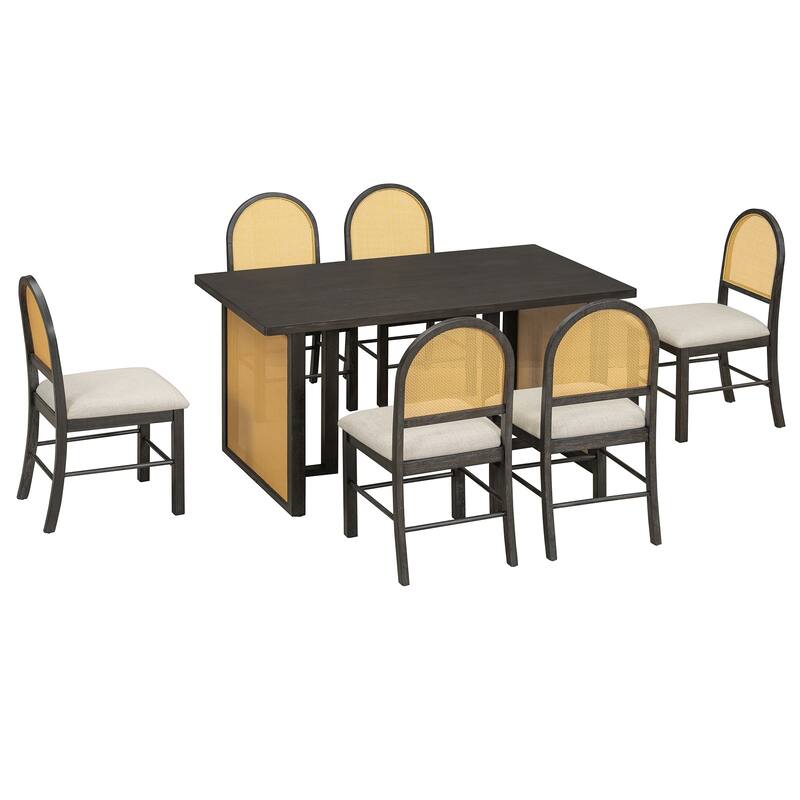 Roomfitters Farmhouse Rectangular Dining Table, 6 Rattan Chairs, 7-Piece Kitchen Furniture Set