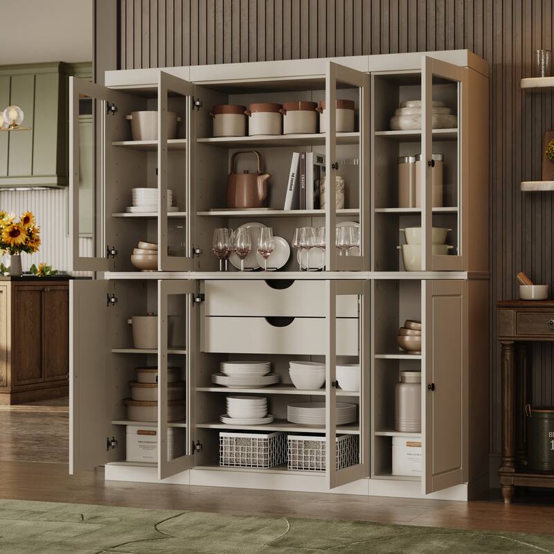 100% Solid Wood Tall Kitchen Pantry Cabinet with Glass Doors & 2 Drawers, Adjustable Shelves, Modular Storage, 65" W x 71.5" H