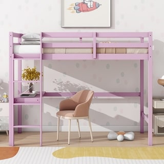Twin High Loft Bed with Desk, Safety Guardrails and Rubber Wood Construction, Pink