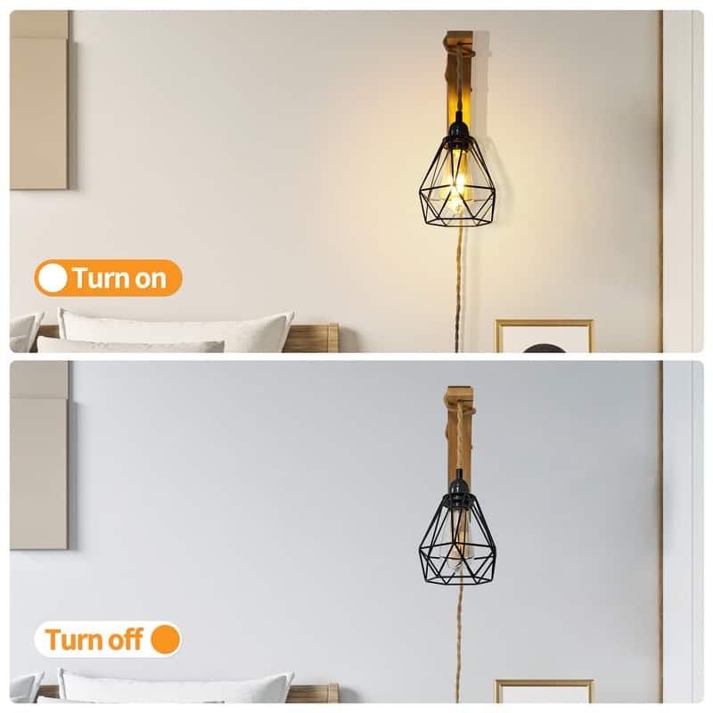 Rustic Plug-In Wall Sconce With Wood Shelf, Hanging Lamp With On/Off Switch, For Farmhouse Bedroom, Hallway, Living Room