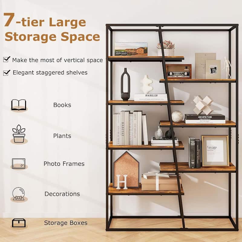 7-Tier Bookshelf Tall Bookcase Storage Organizer w/Metal Frame