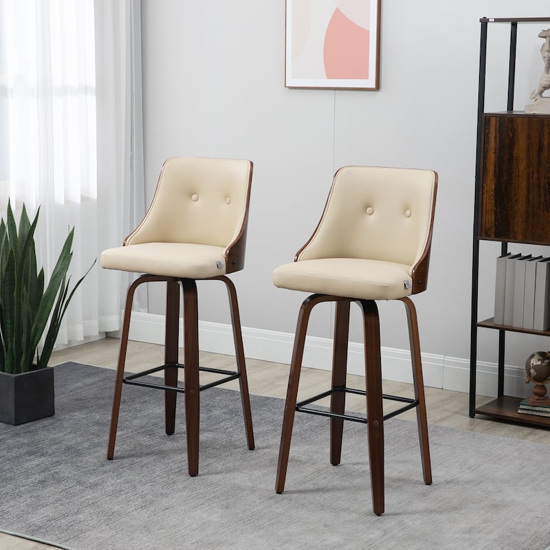 HOMCOM Counter Height Bar Stools Set of 2 PU Leather Swivel Barstools with Footrest and Tufted Back - Beige