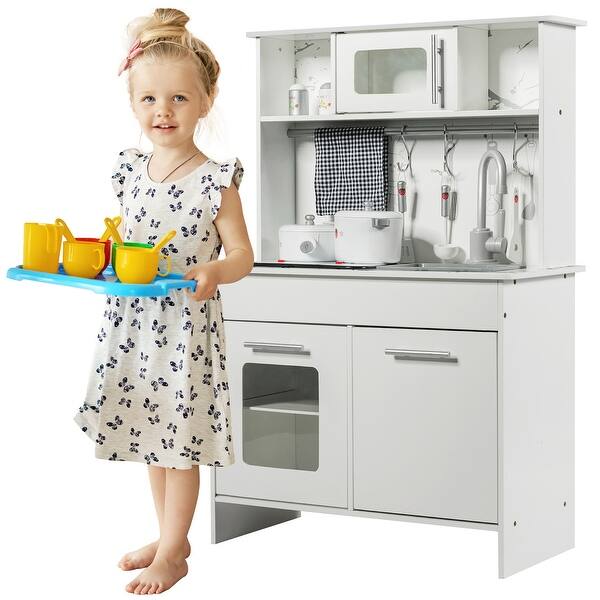 Costway Wood Kitchen Toy Kids Cooking Pretend Play Set Wooden ...