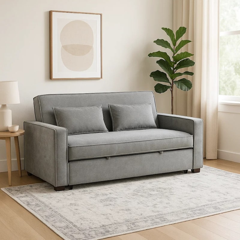 Malti 77 Inch Sofa with Pull Out Bed, Gray Polyester, 2 Pillows, Solid Wood