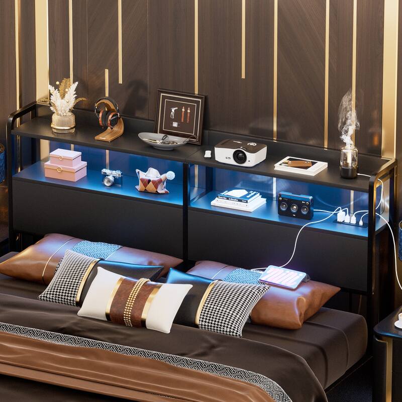Headboard with Storage Drawers and LED Light, Head Board with Outlets, USB Ports