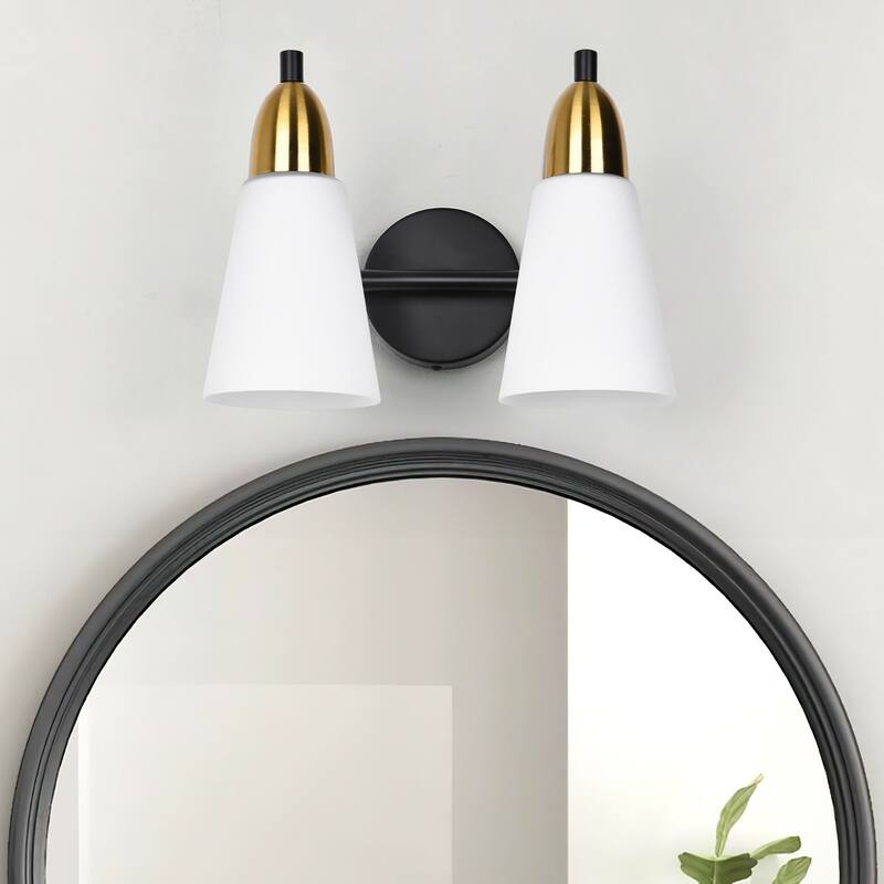 Modern Black Bathroom Vanity Light with Frosted Glass Shades & Gold Accent, Minimalist Wall Sconces - 2-Lights