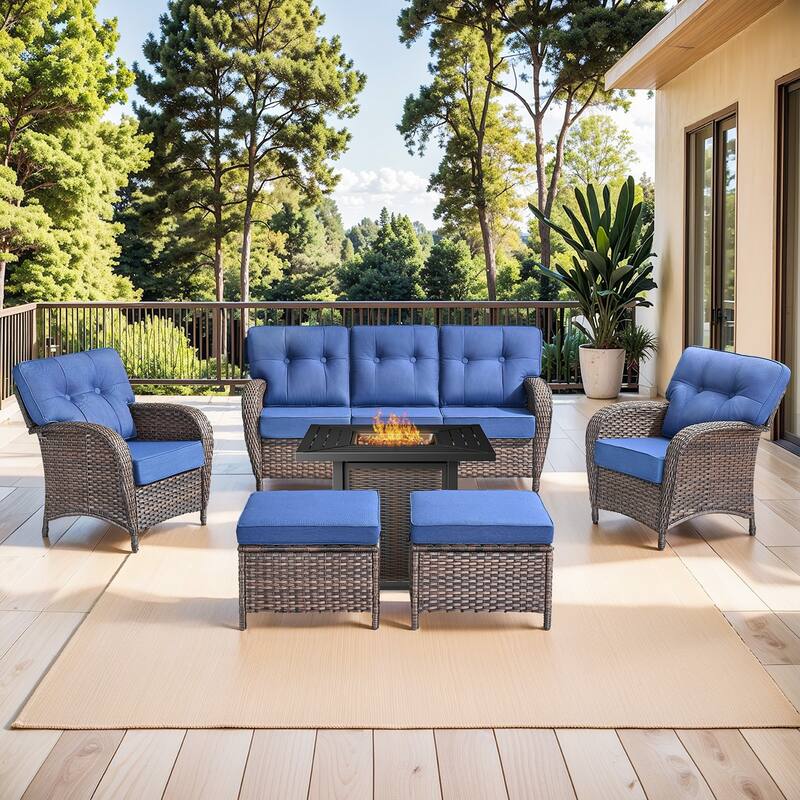 Pocassy Outdoor 30 In Fire Table with Sofa Patio Chair Set - Brown Wicker Blue Cushion - 8-Piece Sofa Patio Chair Ottoman with Fire Table