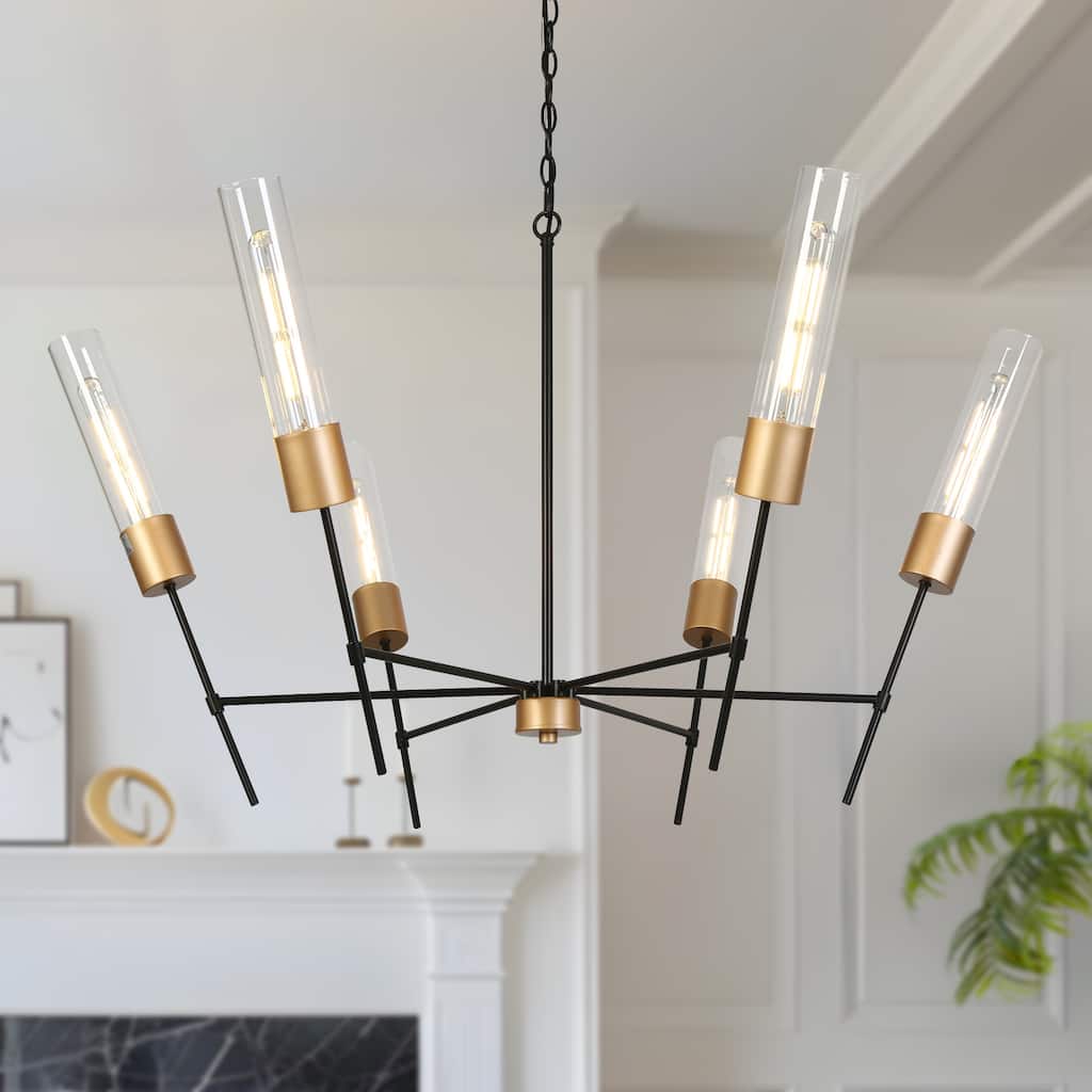 Modern Black Gold 6-Light Chandelier Crown Design Light Fixture for Dining Room - 43.7 " × 26.4 "