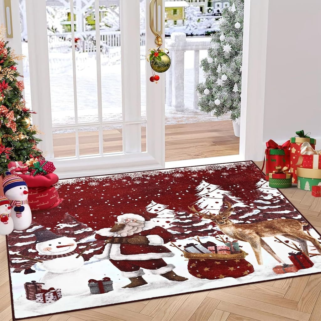 Soft Non-Slip Washable Christmas Santa Claus Aera Rugs, Xmas Holiday Decor, Red