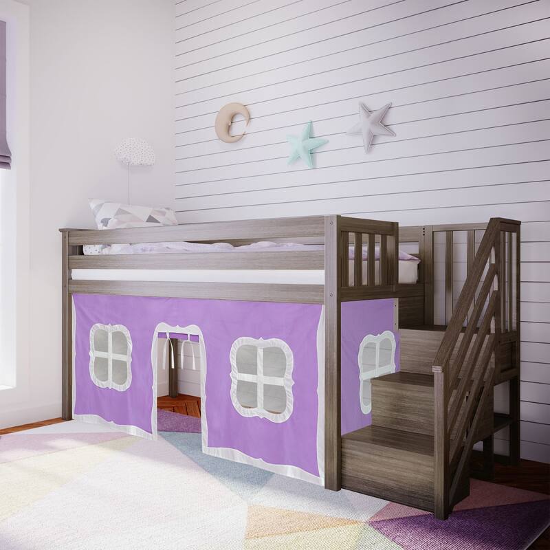 Max and Lily Twin Low Loft with Stairs and Curtains - Clay with Purple/White Curtain