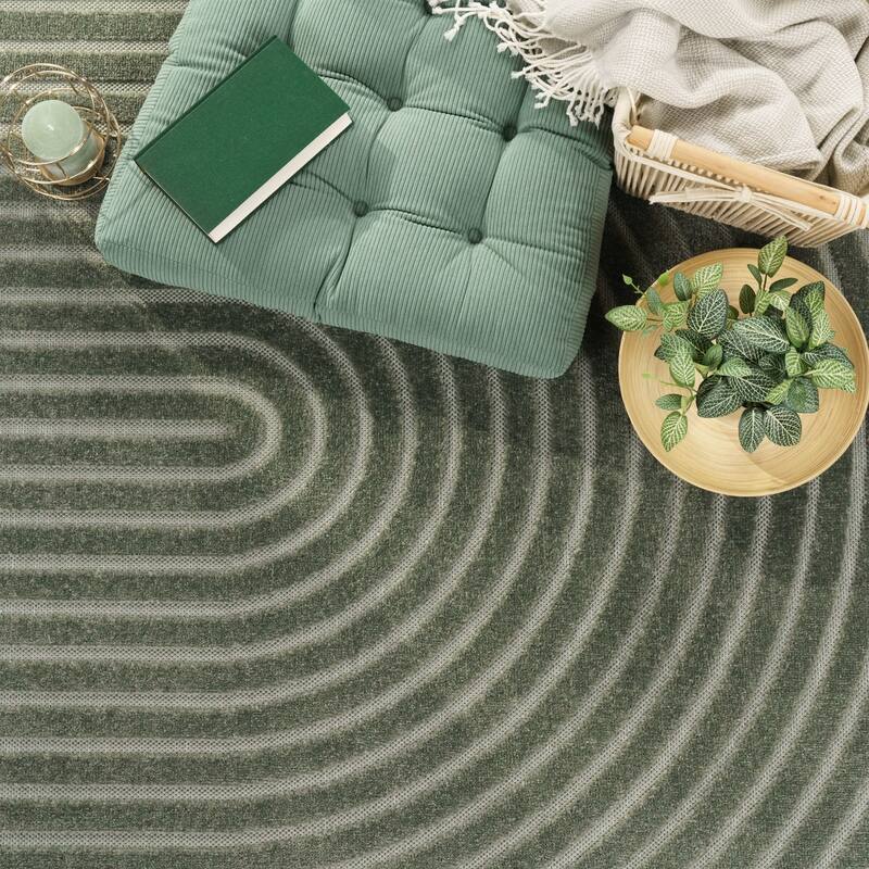 Minimalist In- & Outdoor Rug Boho with Curved Boho Pattern in Green