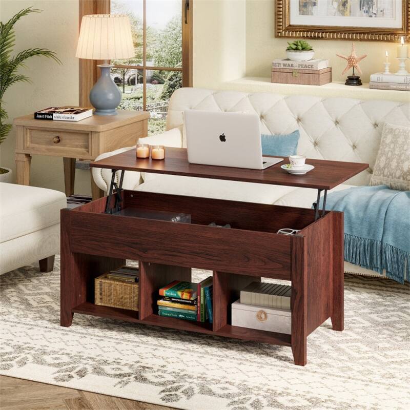 Wood Lift Top Coffee Table with Storage Lower Shelf - Brown