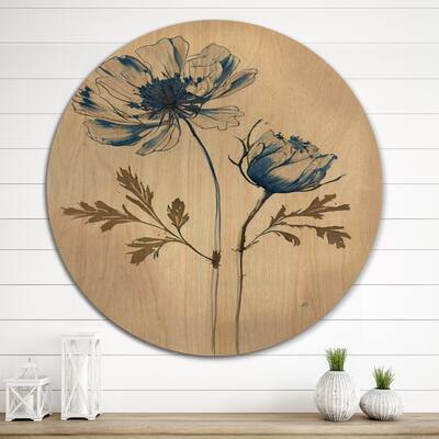 Designart "Blue Vintage Flower Blooming V" Floral Wood Wall Art - Natural Pine Wood