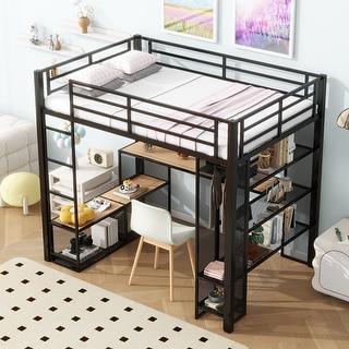 Full Size Loft Bed with Storage Iron Mesh and Shelves and Open Wardrobe, Metal Bed with Ladder for Bedroom, Black