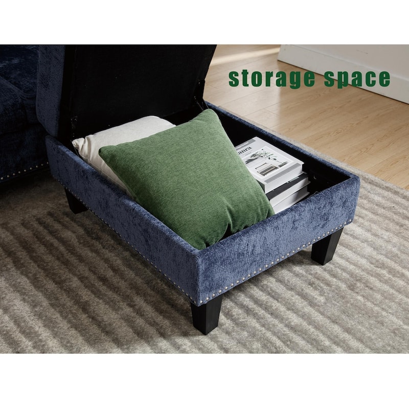 5 Seat Modular Blue Chenille Sofa with Storage Ottoman