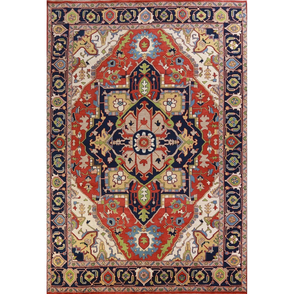 Hand Knotted Oriental 100% Wool Carpet Traditional Medallion Oranges & Rust Heriz (serapi) Area Rug - 13' 10'' X 9' 9''