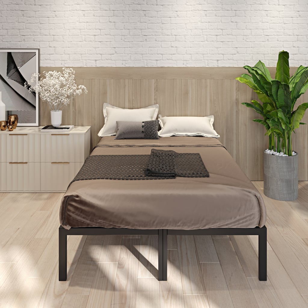 Metal Full Size Bed Frame with Wood Slats/ Heavy duty & Sturdy/ Noise-free Wood Slats/ Quick Assembly/ No Box Spring Needed