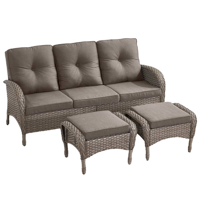 Outdoor Patio 3-Seat Sofa with Rattan Footstool