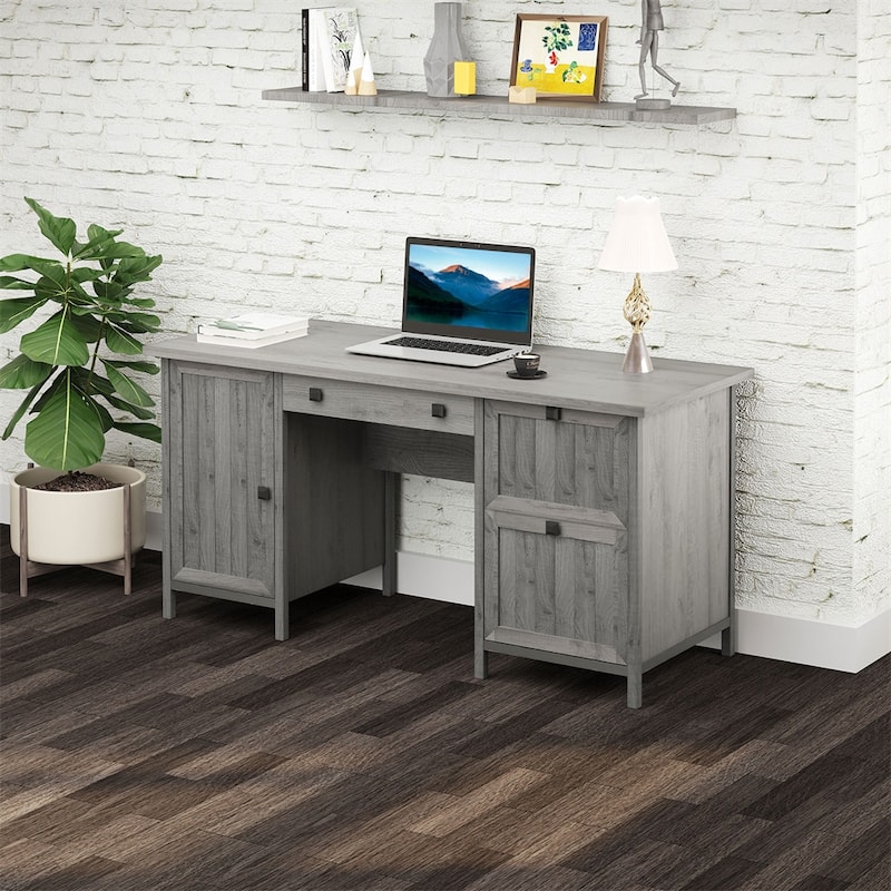 Grey Wood Office Computer Desk with Drawers Cable Management Home Workstation