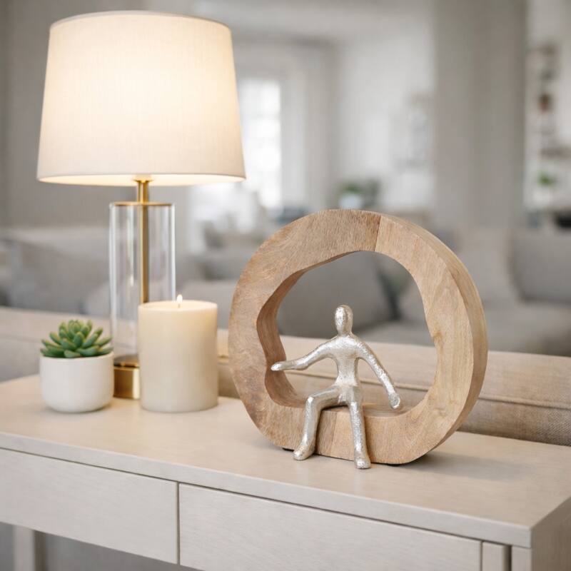 Decorative Figurine on Round Wooden Stand Sculpture - Brown - 8.0"