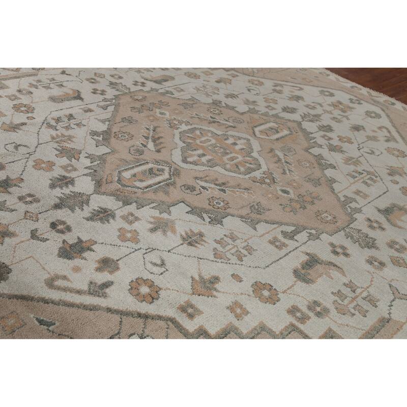 Geometric Heriz Serapi Indian Area Rug Handmade Grey Wool Carpet - 8'11" x 11'10"