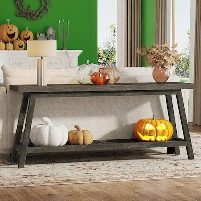 Grey-Natural Engineered Wood 2-Tier Console Table with Farmhouse Style - 70.86” L x 11.81 W x 31.49 H