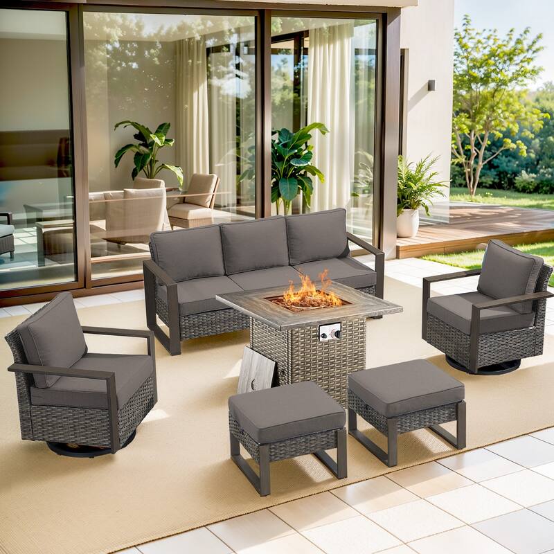 Pocassy 4/6/8PCS Sofa Swivel Chair with Fire Pit Table Set - Grey Wicker Gray Cushion - 6-Piece Sofa Swivel Chair Ottoman with Fire Table