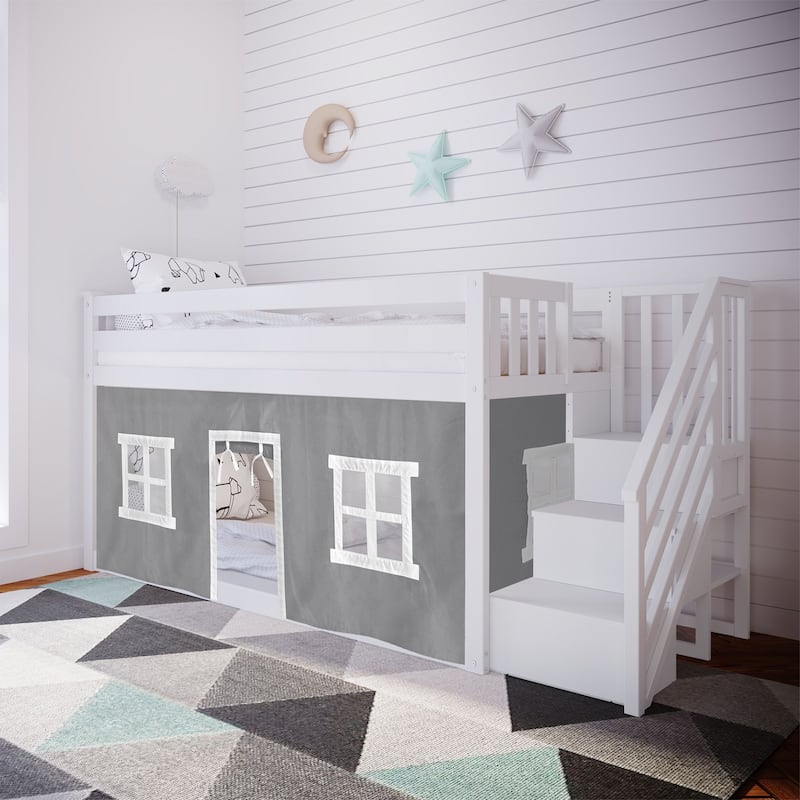 Max and Lily Twin over Twin Low Bunk Bed with Staircase and Curtains - White with Grey/White Curtain