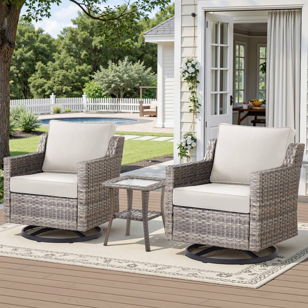 Glissia 3-Piece Gray Wicker Outdoor Swivel Glider Chair Set with 4-Inch Thick Cushions and Side Table