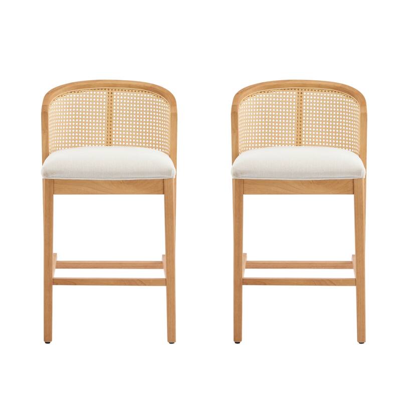 Roomfitters Tatti Indoor Wooden Counter Stools with Rattan Back and Beige Upholstery, Set of 2 - Set of 2