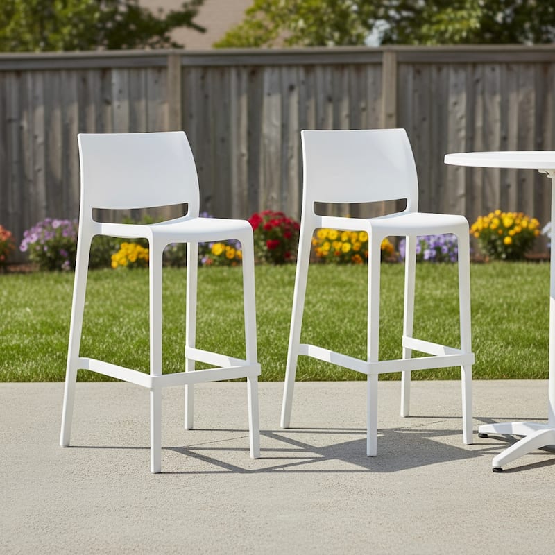 HomeRoots Set of Two 30" White Heavy Duty Plastic Low Back Outdoor Bar Height Chairs - White