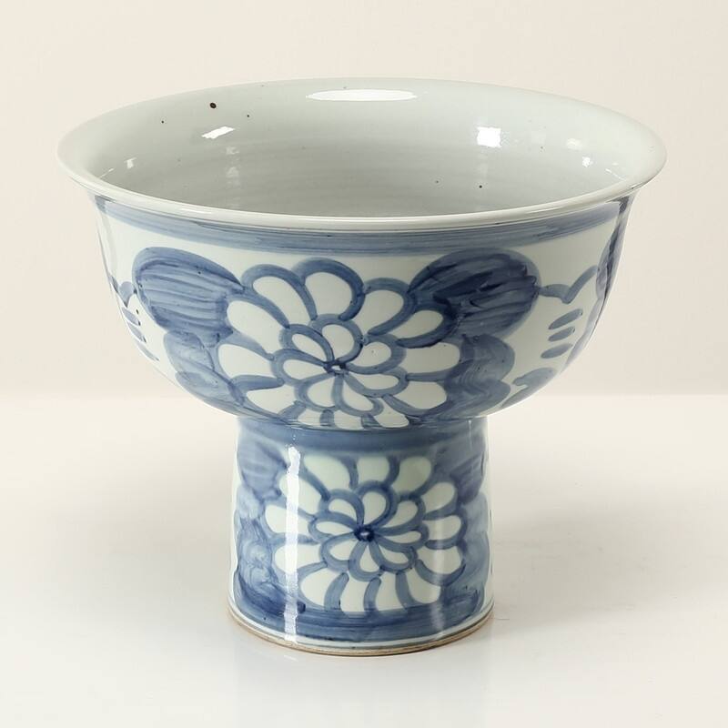 Hand Painted Blue and White Pedestal Bowl-16" W x13"H