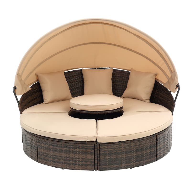 Beige Rattan Outdoor Daybed with Adjustable Canopy, Convertible Clamshell Design, Wicker Sectional Sofa Set with Lift Table