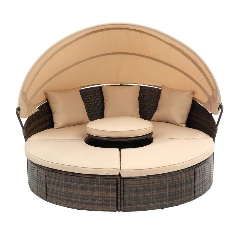 Round Outdoor Rattan Daybed with Adjustable Canopy, with Navy Cushions and Lift Coffee Table