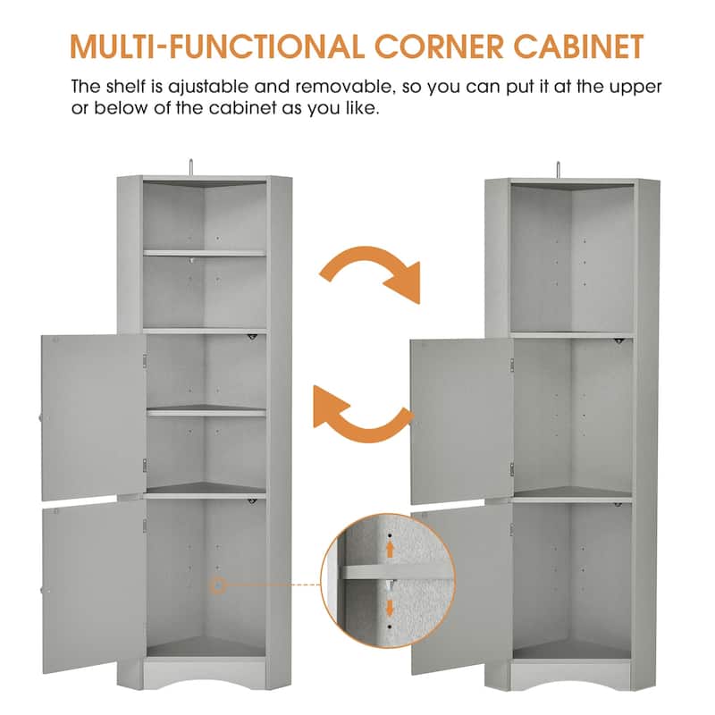 61" Wood 2-door Bathroom Corner Cabinet with Exterior Shelves