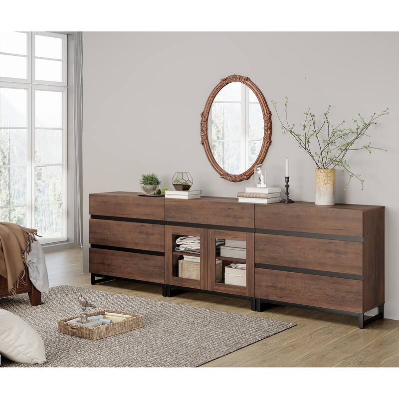 WAMPAT 3 in 1 Dresser with Glass Doors and 7 Drawers, Modern Chest of Drawers with Adjustable Shelf and Metal Base for Bedroom
