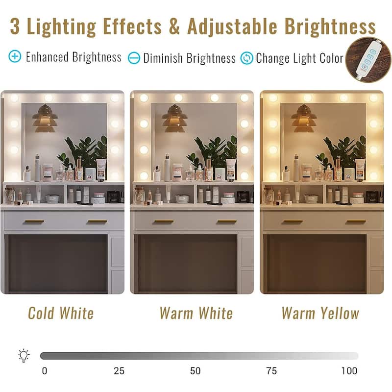 Makeup Vanity Desk 10 Light Bulbs Storage Shelves 5 Drawers