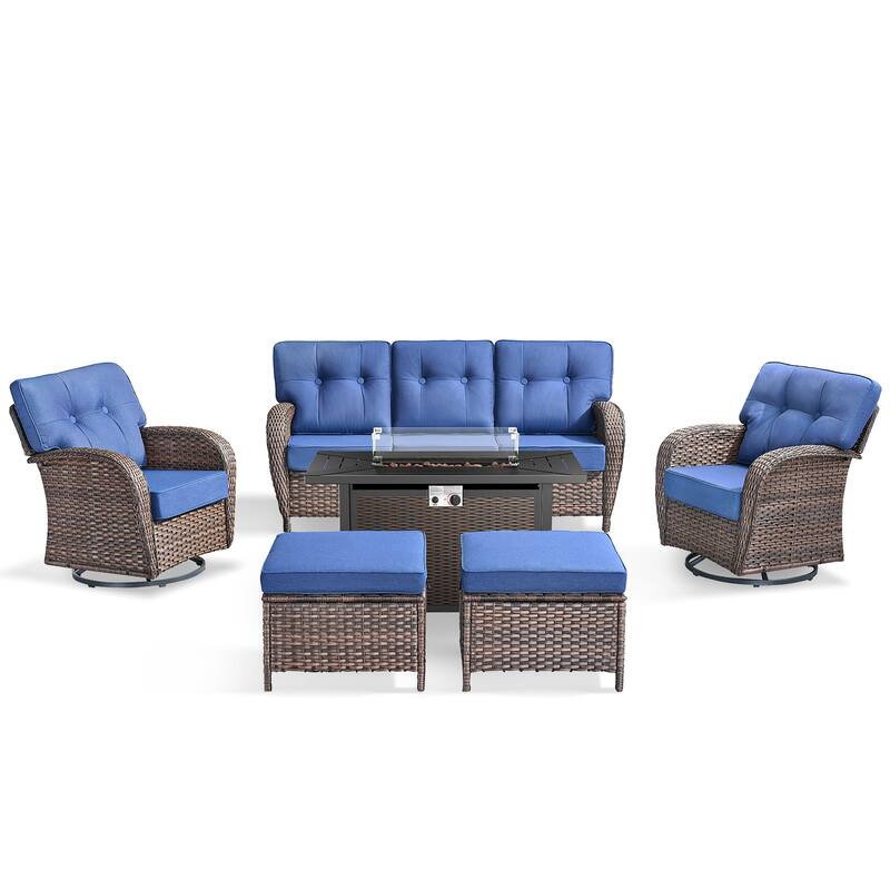 Pocassy Outdoor 43 In Fire Table with Sofa Swivel Chair Set