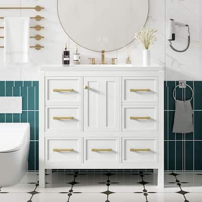Freestanding Vanity for Bathroom with Resin Sink, Storage Cabinet with 5 Drawers, Soft Closing Doors and Gold Metal Handles