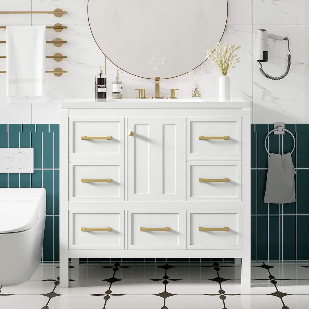 Freestanding Vanity for Bathroom with Resin Sink, Storage Cabinet with 5 Drawers, Soft Closing Doors and Gold Metal Handles