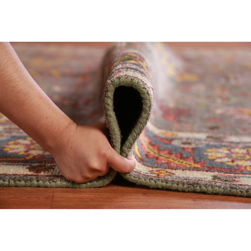 Hand Knotted Oriental 100% Wool Carpet Traditional Geometric Greys & Charcoal Heriz (serapi) Area Rug - 9' 10'' X 7' 11''