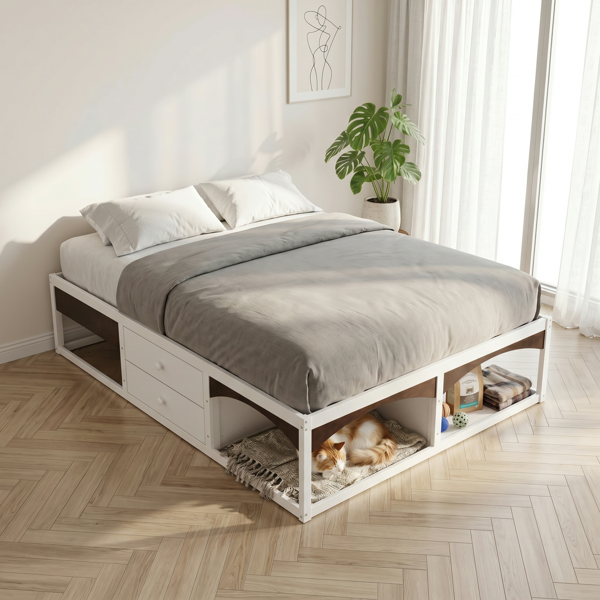 King Platform Bed Frame with 6 Storage Drawers, No Headboard, Wood Slat Support, No Box Spring Needed