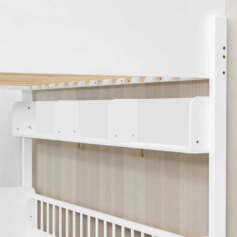 Twin over Twin Wooden Bunk Bed with 3 Storage Shelves, Reversible Ladder, Safety Guardrails and No Box Spring Needed