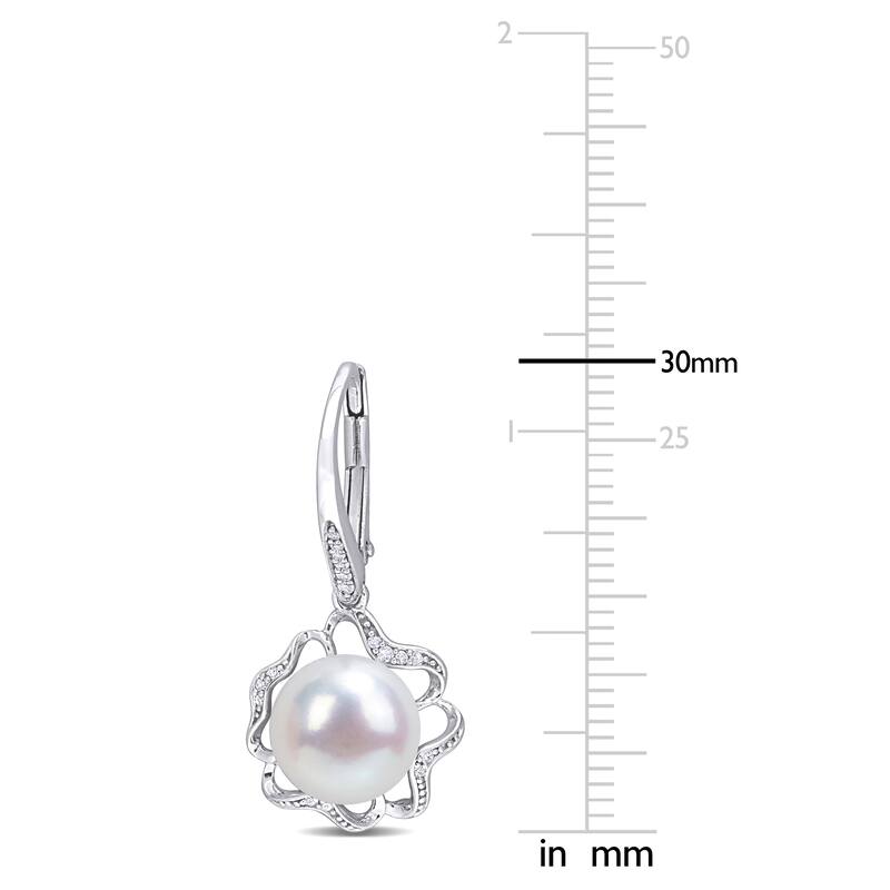 Miadora Sterling Silver Cultured FW Pearl & 1/10ct TDW Diamond Floral Drop Earrings (9 - 9.5mm) - 30 mm x 14 mm x 12 mm