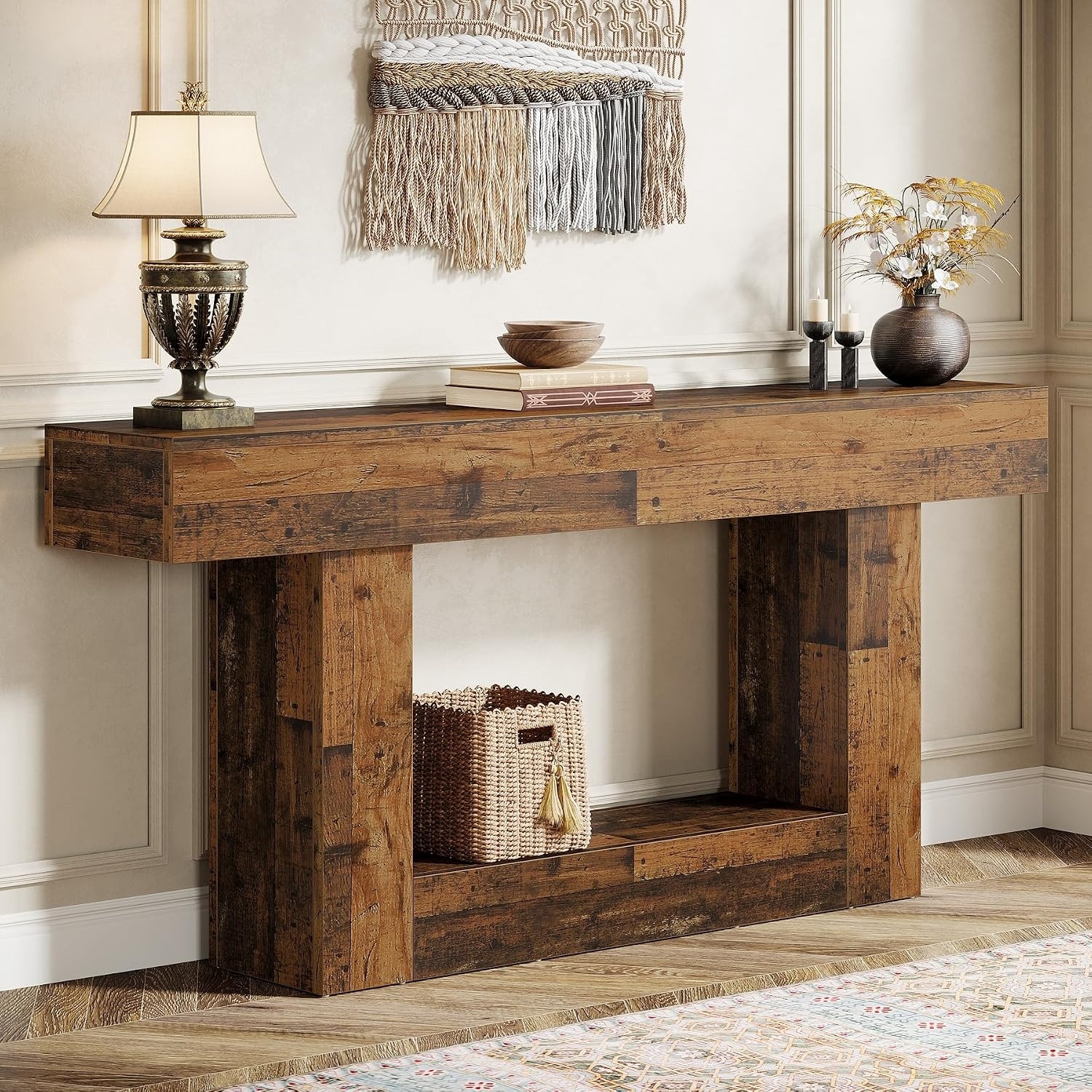 63-Inch Console Table, 2-Tier Farmhouse Entryway Table