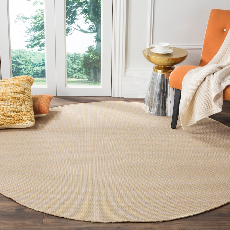 SAFAVIEH, Handmade Montauk Cliff Stripe Flatweave Cotton Fringe Rug - 6' Round - Ivory/Yellow