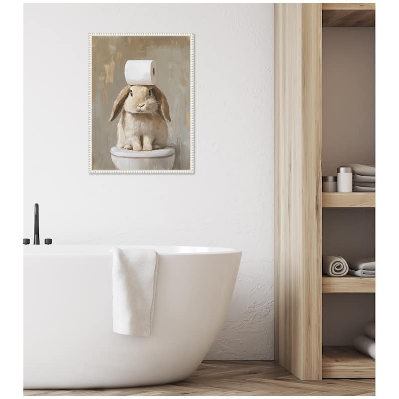 Kate and Laurel Sylvie Toilet Paper Roll on Cute Bunny Head Bathroom Art Framed Canvas by The Creative Bunch Studio