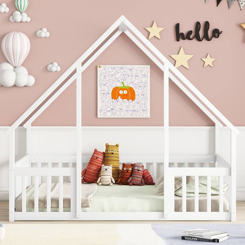 White Full Size Pine House-Shaped Floor Bed with Roof & Guardrails