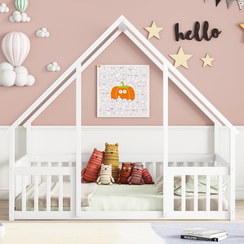 Wood House-Shaped Floor Bed with Fence, Guardrails