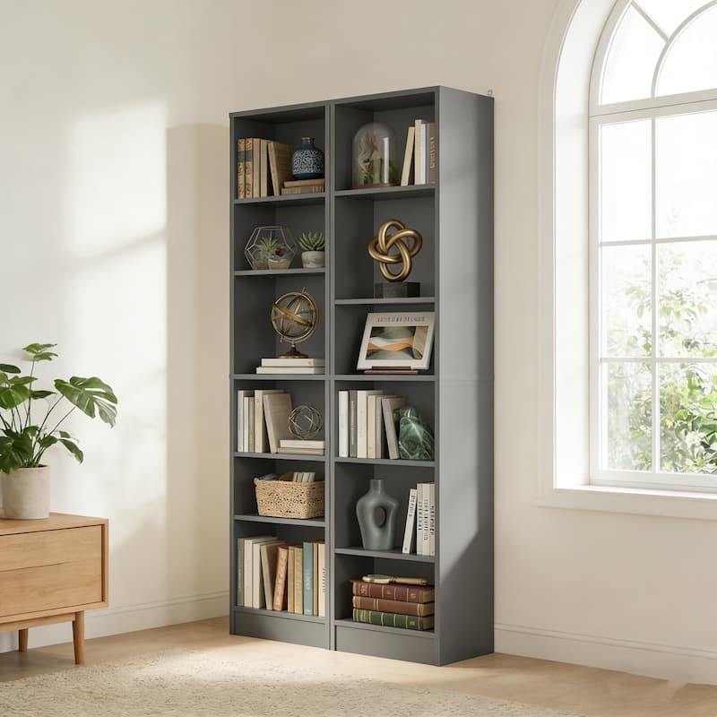 80"H Tall 6-Tier Bookcase With 2 Adjustable Shelves，Modern Open Storage Shelf for Home Office and Bedroom